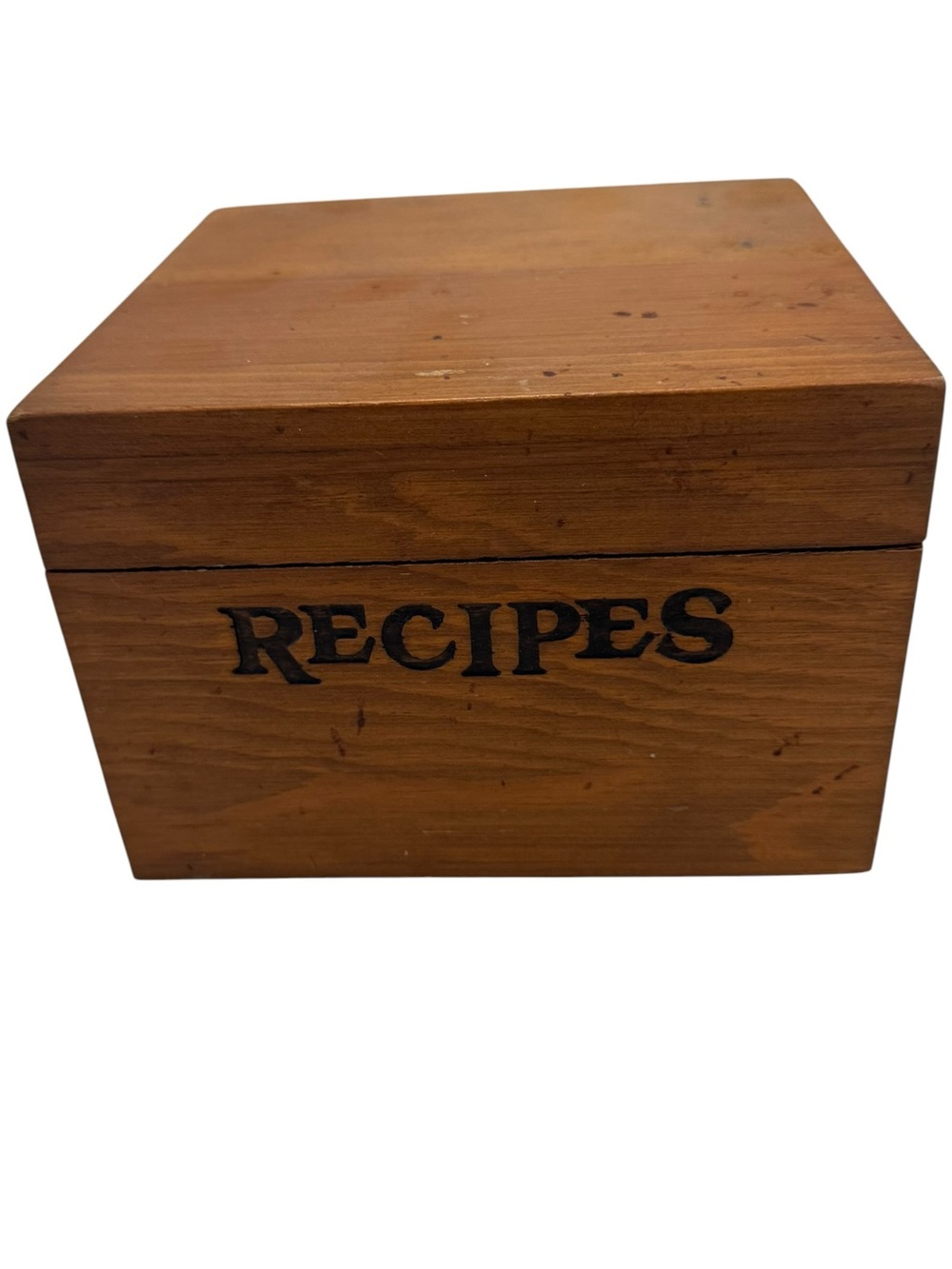 Vtg Wooden Recipe Box Hinged Lid Two Compartments Recipe Dividers Engraved